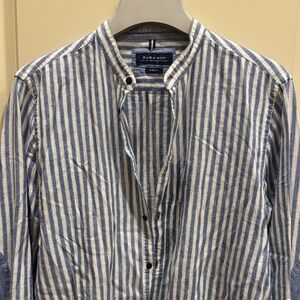 Zara Men Blue and White Vertical-Stripe Mandarin-Collar Shirt